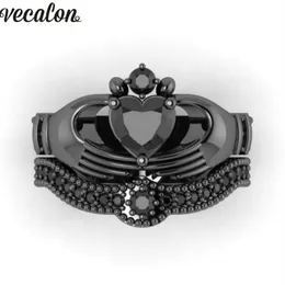 Vecalon New Female Black Birthstone claddagh ring 5A Zircon Cz Black gold filled Party wedding Band ring Bridal Sets for women187q