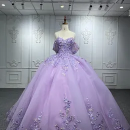 Lavendel Luxus Glitzer Schatz Quinceanera Kleid Prinzessin Ball Party Kleider 3D Blumen Applikation Ballkleid Süßes 15 16 Kleid für Mädchen
