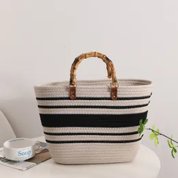 Other Bags Cotton Thread Woven Tote Bamboo Handle Women Handbags Summer Stripe Beach Bags for Women Bohemian Straw Bag Boho Clutch 230719