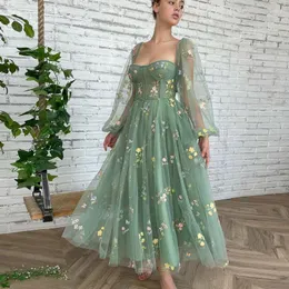 Party Dresses Cloverbridal Cool Fairy Square Halsbindning Suknie Homecoming broderi Blommor illusion Sista ärmar Bone Vestidos Prom