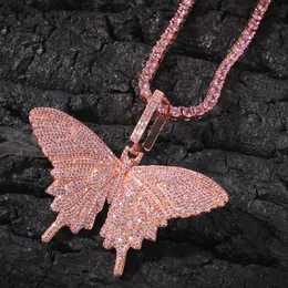 Colar com pingente de hiphop fashion rosa zircônia cúbica pavimentada bling gelo para fora borboleta pingentes colares para homens e mulheres hip hop rapper 2822