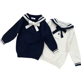 Pulôver Primavera Outono Bebê Crianças Meninas Manga Longa Cor Pura Camisola de Malha Estilo Naval Crianças Meninas Pulôver Camisolas Roupas Infantis HKD230719