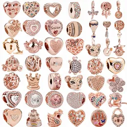 2022 Original 925 silver beads Rose Gold Sparkling Heart Lock Key Pendant Beads Charm Fit Pandora Charms Bracelets Women DIY Jewel2130
