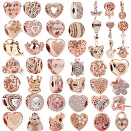 2022 Originale 925 perle d'argento Rosa Oro Scintillante Cuore Serratura Ciondolo Chiave Perline Fascino Fit Pandora Pendenti e Ciondoli Bracciali Donne FAI DA TE Jewel2130