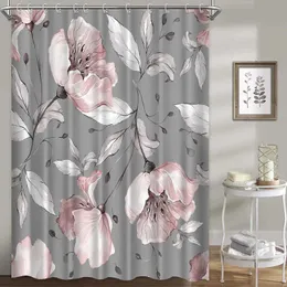 Doccia Doccia floreale per il bagno Set di tende da bagno con fiori di rosa rosa Sfondo grigio Panno in poliestere Decorazioni per la casa semplici con