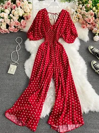 Kobiety Jumpsuits Rompers Autumn Sexy Polka Dot Romper Women Eleganckie w dekolcie Puff Short Tlee z wysokim talii Kobieta Kobieta luźna szeroka nogi