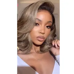 Anthony cuts short wavy bob ash blonde Lace Front Wigs wear and go glueless side part Lace Frontal Wigs Dark Roots Colored Wig Body Wave Human Hair Wig For Woman