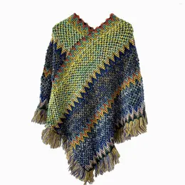 Scarves Women Nationl Print Colourful Splice Poncho With Tassels Knitted Shawl Warm Wrap Scarf For Winter Washable