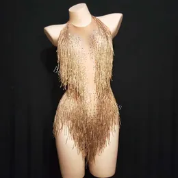 Sparkly Gold Nappa Body Strass Outfit Glisten Beads Costume Un pezzo Dance Wear Cantante Stage Body Copricapo Pagliaccetti 1858