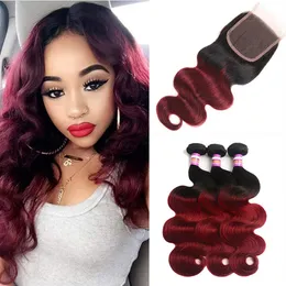 Capelli umani Remy dell'onda del corpo brasiliana 3 Bundle con chiusura Ombre Borgogna 1B 99 # Estensioni dei capelli umani Fornitori di capelli vergini a due toni225V