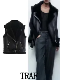 Women's Tanks Camis TRAF 2023 Woman Winter Reversible Cotton Imitation Leather Vest Fashion Sleeveless Jacket Windproof Casual Warm Coats 230719