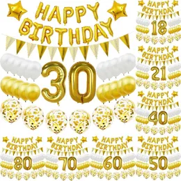 Partydekoration, goldenes Geburtstagsballon-Set, 16, 18, 20, 21, 30, 40, 50, 60 Jahre alt, mit Pailletten für Erwachsene, Latex