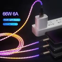 3 في 1 66W 6A RGB Light Type C Cable Cable USB Lighting Cable Cable Fast Charging Cable for iPhone Xiaomi Samsung Car Charging Cord