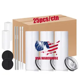 USA CAN Lagergroßhandel vakuumisolierte 20-Unzen-Becher aus Edelstahl mit geraden Sublimationsrohlingen und Plastikstrohbechern JY19