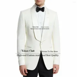 Erkekler Suitler Resmi Beyaz Erkekler Şaw Lapel One Düğmesi Damat Düğün Smokin 2 Parçası Setler Erkek Prom Blazers İnce Fit Kostüm Homme