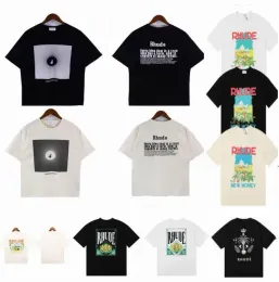 2023 Rhude T Shirt Tasarımcı Erkek Kadın Erkek Tshirts Giyim Grafik Tees Desen Üstler Yaz Kısa Kollu Tshirt Hip Hop Mektupları Graffiti Baskı Gevşek Gömlekler Nedensel