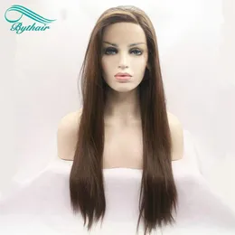 Bythair Long Silky Straight Wigs Brown Synthetic Lace Front Wigh Heattance Fiber Hair Side Part For Women200t
