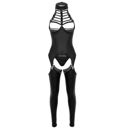 3Pcs Women Open Crotch Lingerie Set Halter Neck Bust Bra Crotchless Patent Leather Erotic Sexy Suit Cosplay Bodysuit Outfit Bras S2951