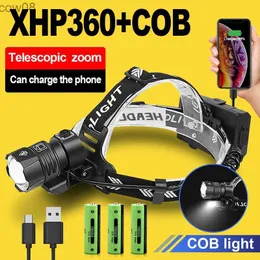 헤드 램프 XHP360 강력한 D 헤드 램프 USB 레브 레드 램프 XHP90 슈퍼 밝은 고전력 헤드 라이트 18650 방수 헤드 손전등 HKD230719