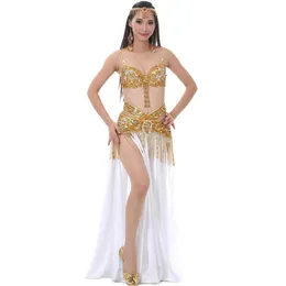 Performance 2018 Belly Dancing Clothing Oriental Dance Outfit Set Bh Belt Split kjol Kvinnor Belly Dance Costume 3PCS204L