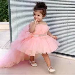 女の子のドレス夏のピンクトレイルレースベビードレス幼児の最初の誕生日パーティープリンセスドレスガールフォーマルなふわふわウェディングドレスvesido 230718