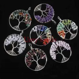 Hela 10st Silver Plated Natural Gravel Gemstone Winding Round Shape Beads Tree of Life Hearling Ponit Chakra Stone Pendant J273o