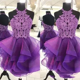 Purple A Line Homecoming Sukienki Seksowne kantar Mini Short Organza Crystal Backless Bling Short Prom Sukienki junior impreza koktajl