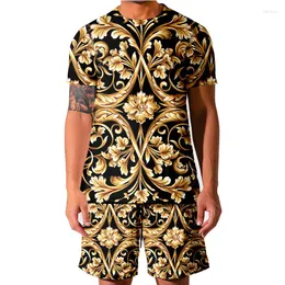 Fatos de treino masculinos LCFA Brand Men Luxury Royal Baroque Golden Flower Tshirt Summer 3D Print Sleeve Short Stern 2-piece Homme Clothes Tops Vest