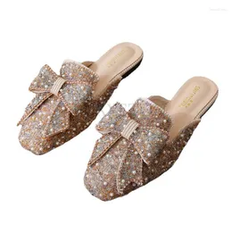 Dress Shoes Square Toe Paillette Beads Mules Women Slippers Summer Woman Sandals Flip Flops Pearl Bling Glitter Slides Plus Size 34-43