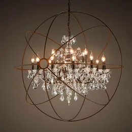 Foucault's Orb Clear K9 Crystal Chandelier Rustic Iron Globe Suspension Handing Lamp New Loft Industrial For Living Room PA01175Y