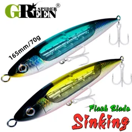 Betar lockar Greenspider Flash Blade Sinking Big Pencil 165mm 70G Ocean Boat Fishing Lure 3x-styrka för tonfisk GT Sea Fish 230718