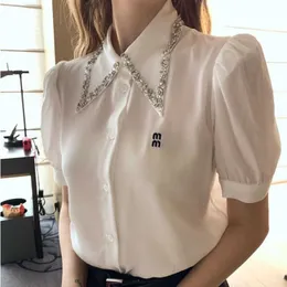 23ss New Shirt Designer Blouse Spring Summer Polo Collar Rhinestone Short Sleeved Top Letter Embroidery Puff Sleeve Cardigan Shirt Womens