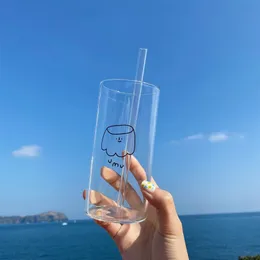Wine Glasses Korean Simplicity Style Cartoon Glass Cup With Free Straw Transparent Coffee Milk Tea Mugs Kawaii Water Cups 400ml Girly Heart 230719