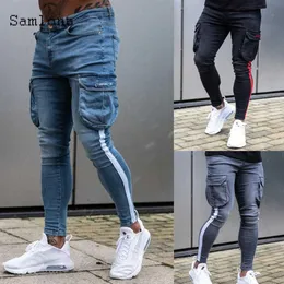 Samlona 2021 New Patchwork Jeans Stripe Mens Fashion Motcycle Demin Pant Multi-pocket Pants Slim Bottom Plus Size Men Trouser224m