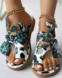 Sandalet Kadın Günlük Moda Yaz Düz Ayakkabı Günlük Giyim Ayçiçeği İnek Baskı Bağlı Ayrıntılı Ayak Halka Terlik Sandalet 230719