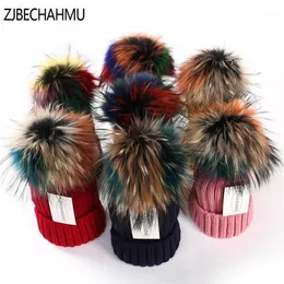 Zjbechahmu hattar vinter äkta päls pompoms 15 cm hatt varma skallies mössor hatt kepsar kvinnor flicka mode färgglad tvättbjörn 2020 new1290t