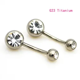New G23 Titanium Belly Bar Navel Rings Curved 14G Crystal Double Clear Stone Gem Fashion Body Piercing Jewelry233N