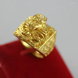 Cluster Rings Pure Gold Color For Women Men 3D Pixiu Adjustable Fingle Engagement Wedding Yellow Ring Fine Jewelry Gifts