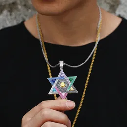 Naszyjniki wisioranki Rainbow Colours Cubic cyrkon Magen Star of David Pendant Israel Je Naszyjnik lodowany CZ Stone Men Men Hip Hop Biżuter