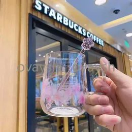 300ML Starbucks Laser Sakura Mugs Pink Coffee Water Cup with Stirring Rod Large Capacity Good Gift Product181y