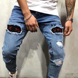 Mens Designer Patches Jeans Paneled Masculino Stretch Skinny Hole Pencil Pants Fashion Homme Street Style Jeans198Q