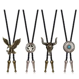 Bolo Ties 4pcs Fashion Bull Head Star Buckle Bolo Tie Man Sweater Necklace Cowboy Necktie DXAA HKD230719