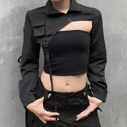 Women's Jackets Women Chic Long Sleeve One Shoulder Tops Blouse Choker Strap Buckle Black Halter Smock Hoodies Skew Collar Ultra Crop