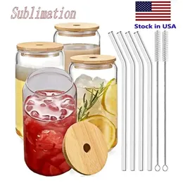 US CA Warehouse 16Oz Mug Straight Blank Sublimation Frosted Clear Transparent Coffee Glass Cup Tumblers With Bamboo Lid And Straw