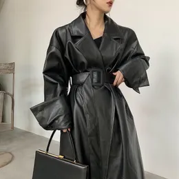 Women's Jackets Lautaro Long oversized leather trench coat for women long sleeve lapel loose fit Fall Stylish black clothing streetwear 230719