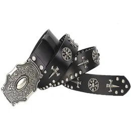 Neck Ties 3 8CM Real Genuine Leather Vintage Metal Skull Punk Men Jeans Belt Stud Cowboy Strap Cinturon Ceinture Homme Riem Belts 230718