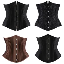 Women Black Corset Top 12st Steel Boned Satin Underbust vadderad snörning Bodysapers midja tågkorsett Slim Body Shaperwear Plus S274U