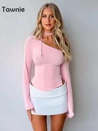 Women s Plus Size T Shirt Tawnie Chic Oblique Shoulder Long Sleeve Crop Top 2023 Summer Sexy Slim Y2K Vintage Streetwear T Shirts Casual Outfits 230719