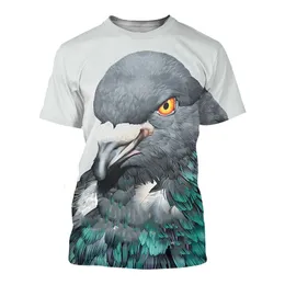 T-shirt masculina de estampa animal print 3D de verão, respirável e de secagem rápida, design de pombo, gola redonda, roupas grandes, manga curta.