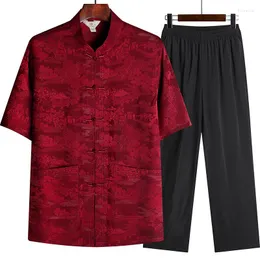 Roupas étnicas Homens Roupas Chinesas Camisa Calça Meia Manga Tang Terno Mão Botão Trajes Cetim Seda Hanfu Gola Mandarim